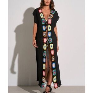 Elan Black Maxi Swim Cover-Up with Multicolor Crochet Trim